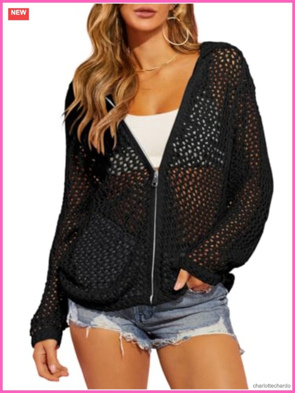 Crochet Knit Zip Up Hooded Cardigan Loose Fit Boho Sweater